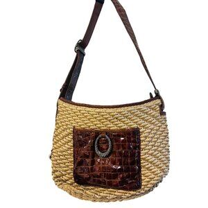 Vintage Brighton Woven Leather Shoulder Bag with brown Croc-embossed leather tri